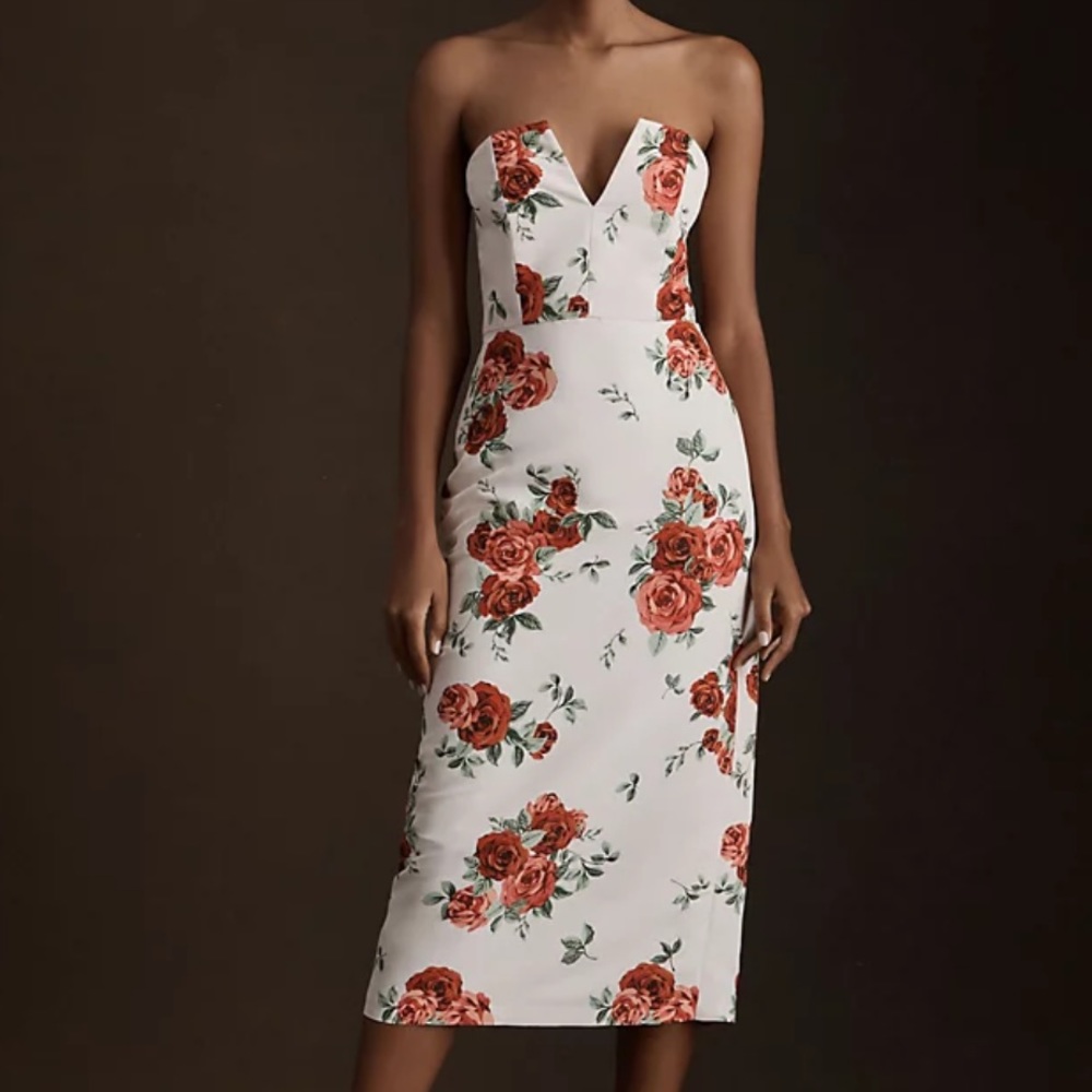 Anthropologie White and Red Floral Midi Dress